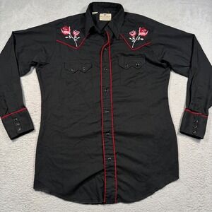 Vintage 70s Dee‎ Cee Brand Western Shirt 15.5 Black Rose Embroidered Pearl Snap